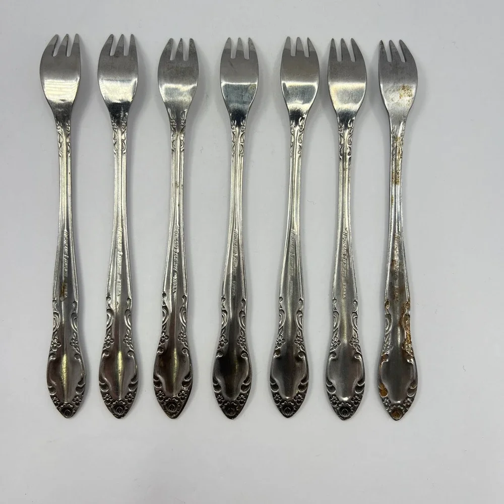 Oneida Northland Stainless Steel Seafood Forks 7 Royal Ballad Vtg 70s Cocktail